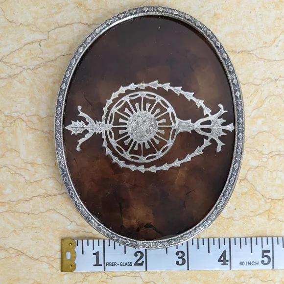 Vintage Tortoise Shell Pattern Silver Tone Metal Oval Jewelry Lidded Box - Picture 12 of 15